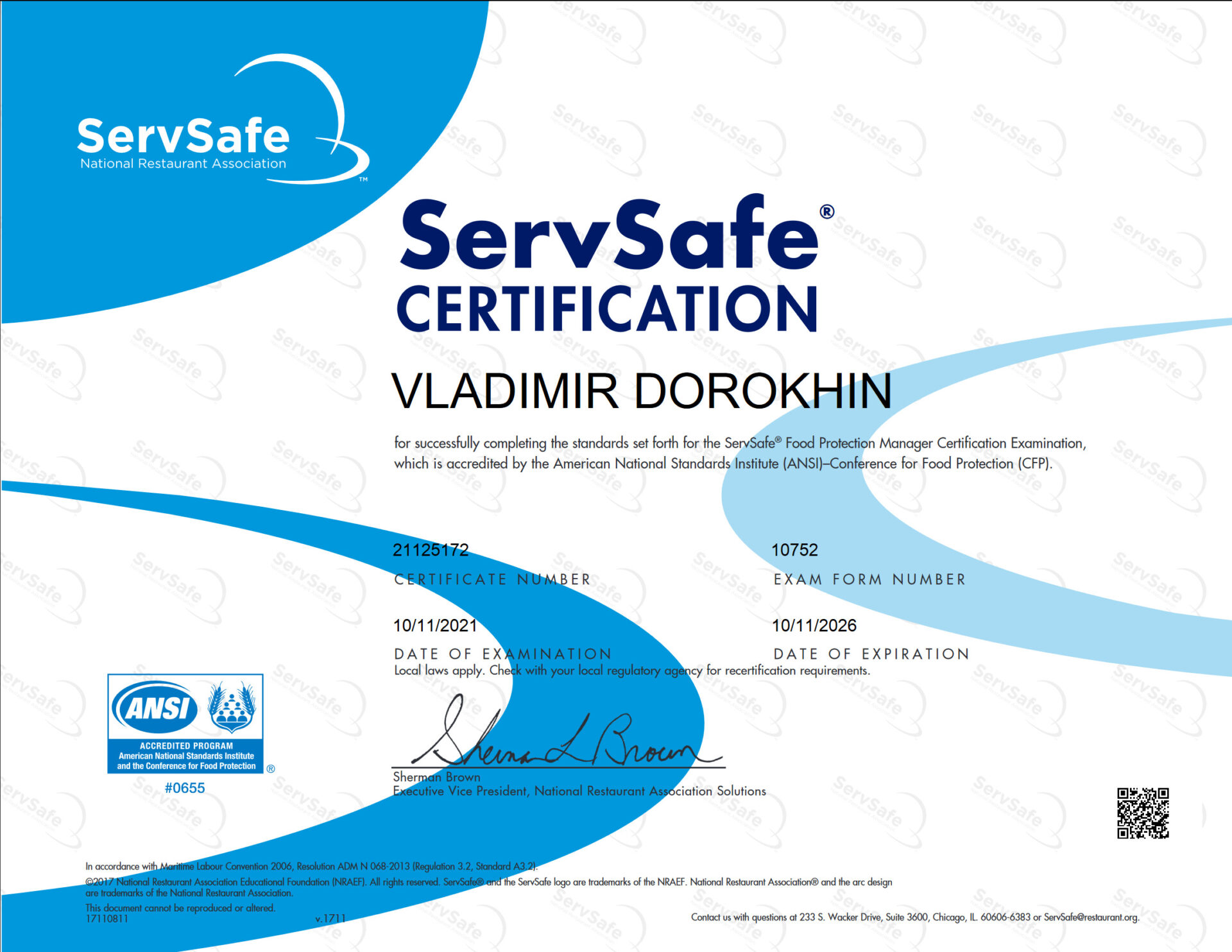 ServSafe Manager (certificate of Vladimir Dorokhin).