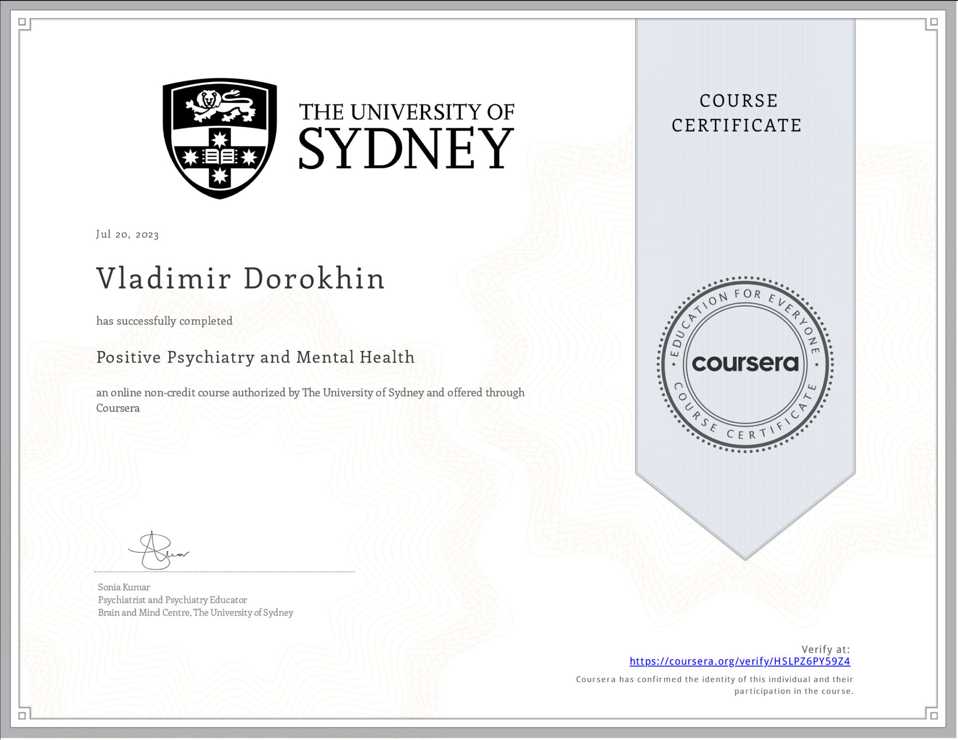 Positive Psychiatry and Mental Health (university course certificate of Vladimir Dorokhin).