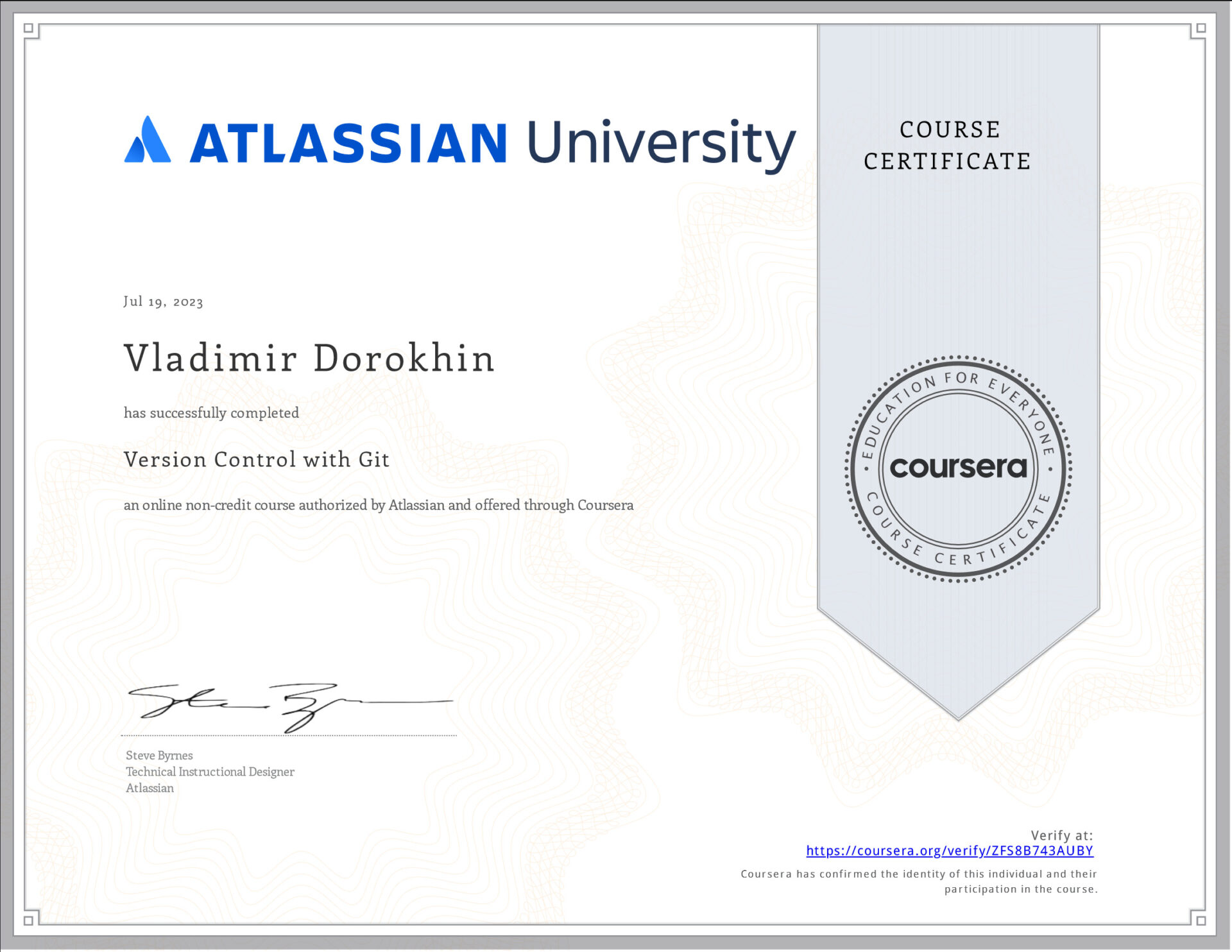 Version Control with Git (corporate course certificate of Vladimir Dorokhin).