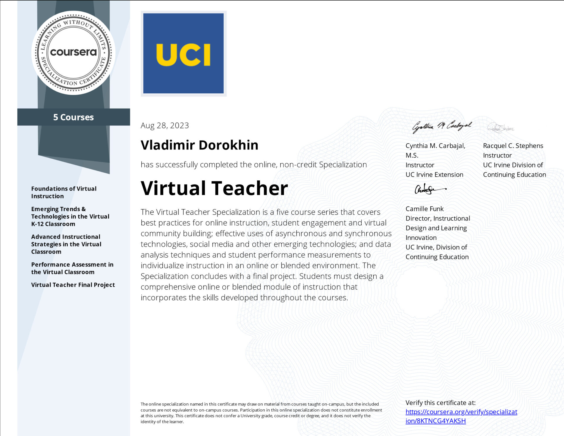 Virtual Teacher (university specialization certificate of Vladimir Dorokhin).