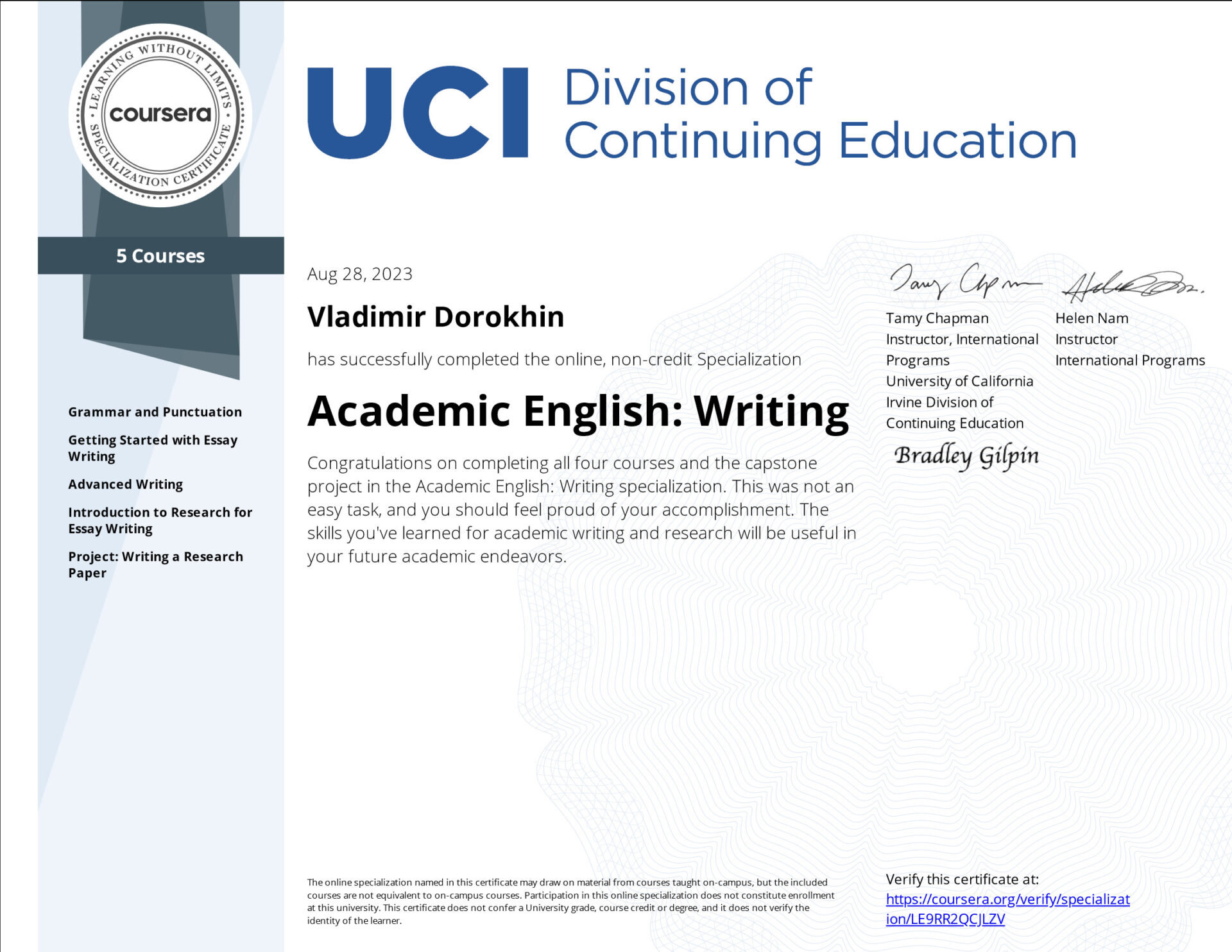 Academic English: Writing (university specialization certificate of Vladimir Dorokhin).