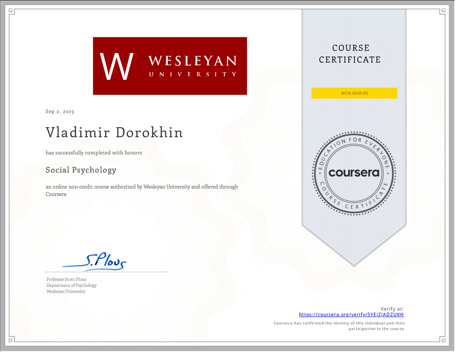 Social Psychology (university course certificate of Vladimir Dorokhin).