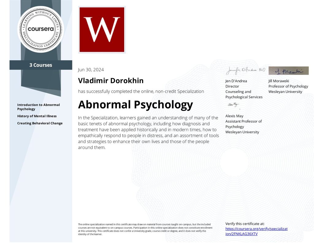 Abnormal Psychology (university specialization certificate of Vladimir Dorokhin).