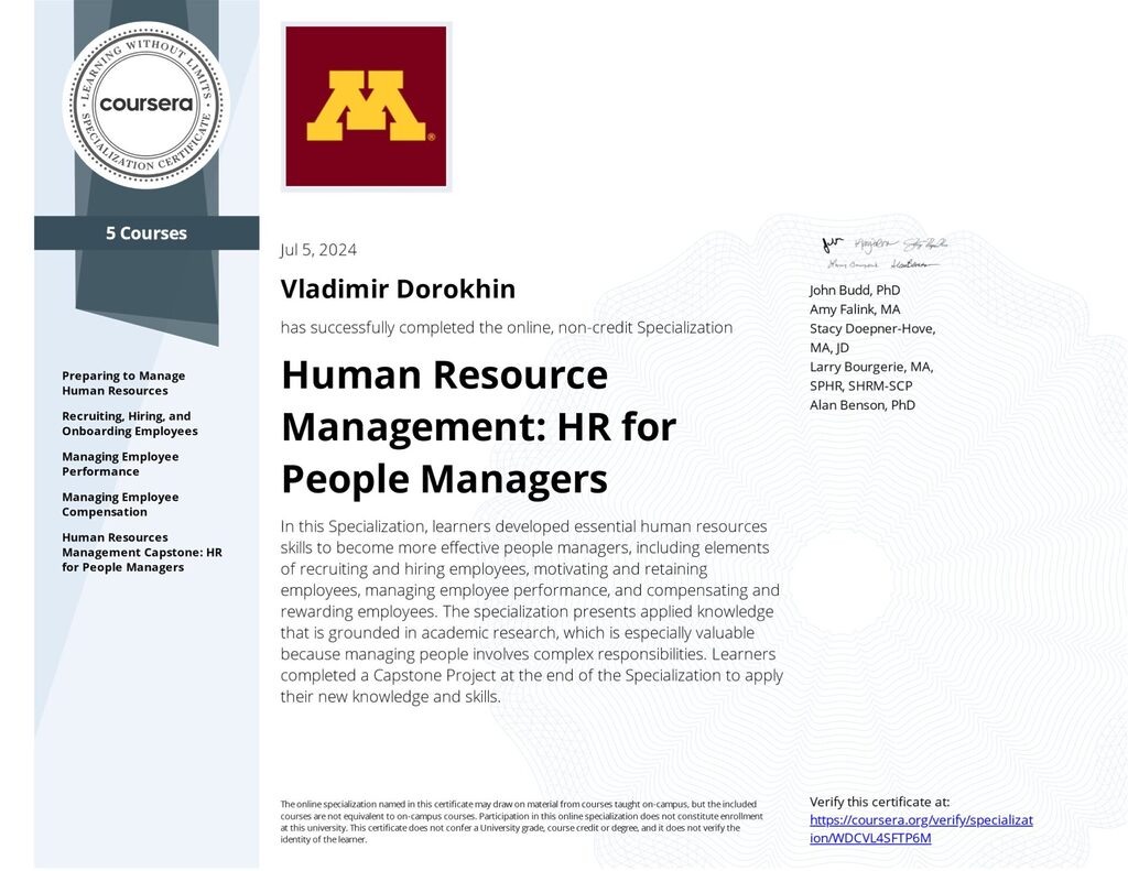 Human Resource Management: HR for People Managers (university specialization certificate of Vladimir Dorokhin).