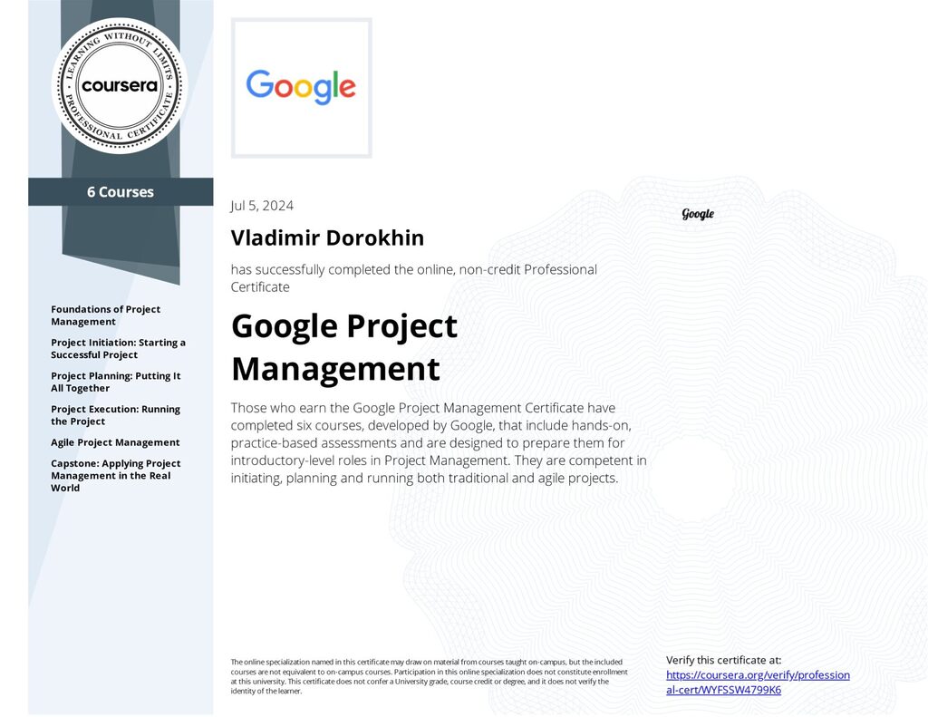 Google Project Management (corporate professional certificate of Vladimir Dorokhin).