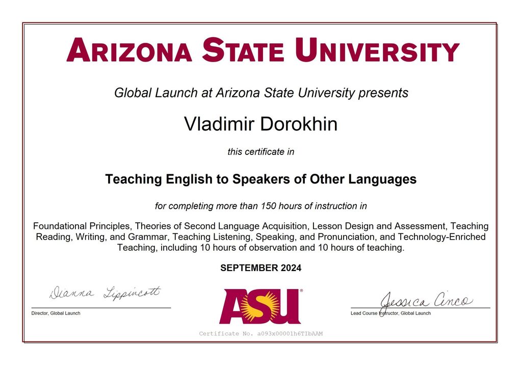 Arizona State University TESOL (certificate of Arizona State University of Vladimir Dorokhin).